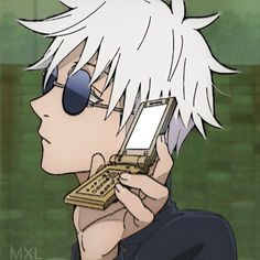 an anime character holding a cell phone up to his ear and looking at the screen