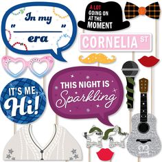 photo booth props with speech bubbles and mustaches for karaoke or baby shower party