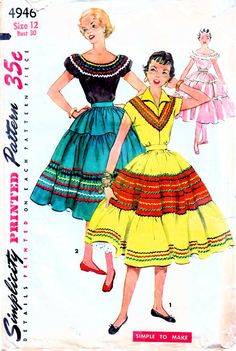 SIMPLICITY 4946: Use this mid-1950s vintage sewing pattern for teens to sew a two-piece dress of be-ruffled full skirt and either a peasant blouse or a semi-fitted blouse. Perfect for square dance needs! SIZE INFORMATION: Teen Size 12 Bust 30 inches Waist 25 inches Hip 33 inches PATTERN CONDITION: COMPLETE, USED Instructions and all pattern pieces (cut and in excellent used condition) GARMENT INFORMATION: Blouse v. 1 details: - semi-fitted bodice with front diagonal insets - V-neckline - revers Peasant Blouses Pattern, 1950s Western, Western Rockabilly, Square Dance Dresses, Fabric For Clothes, 50's Fashion, 1950 Fashion, Square Dance, Vintage Dress Patterns