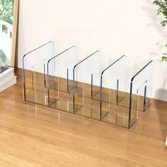 four clear acrylic stands on the floor next to a potted plant