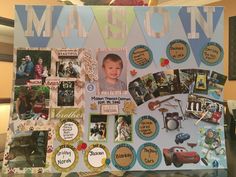 a collage of pictures and magnets on a bulletin board that says ma is son