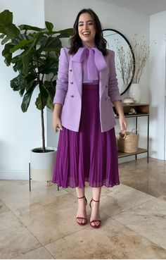 Jacket And Pleated Skirt Outfit, Plum Color Dress Outfit, Pink And Purple Outfit Ideas, Purple Long Skirt Outfit, Purple Work Outfit, Magenta Skirt Outfit, Violet Skirt Outfit, Purple Combination Outfits