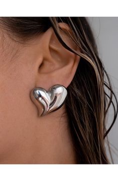 Smooth, fluid heart-shaped silhouettes give an organic-inspired look to these bold drop earrings styled with post back closures. 1" diameter Post back Silvertone plate or goldtone plate Imported Personalised Jewellery Necklaces, Sensitive Ears Earrings, Statement Stud Earrings, Luv Aj, Ear Earrings, Silver Drop Earrings, Keep Jewelry, Jewelry Case, Jewellery Collection