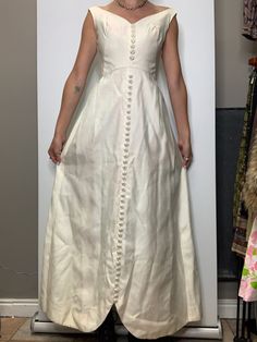 "This vintage dress is in good condition however there is a lot of discoloration and a few stains.  Measurements (taken flat): Bust: 32\" Waist: 32\" Length: 56\" Condition: Good Vintage Condition *Please keep in mind our items are previously loved vintage goods and may have some small flaws. We do our best to make shoppers aware of any spots, stains, or tears. Measurements are taken flat and in inches. Please remember that vintage tag sizes are often unreliable and it is best to judge sizes by 1950’s Style, 1950s Style, Long White Dress, 1950s Fashion, Vintage Dress, Chicago Il, Dress Clothes For Women, Vintage Tags, Vintage Dresses