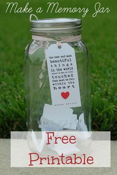 a mason jar with a note attached to it that says, make a memory jar