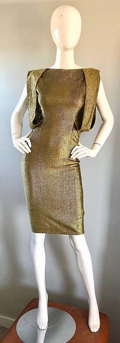 Gorgeous Demi Couture Gold Metallic Cut Out Back Vintage 1950s Wiggle Dress For Sale at 1stDibs | demi cuts chantilly va, adele metallic cut out dress Vintage Mugler Gold, 1950s Wiggle Dress, Fashion 1950, Dresses 1950s, Vintage Style Dresses, Out Back, Wiggle Dress, 1950s Fashion, Dress For Sale