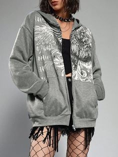 Eagle Print Zip Up Oversized Hoodie Oversized Hooded Hip Hop Outerwear, Oversized Hip Hop Hooded Jacket For Winter, Oversized Hip Hop Hooded Winter Jacket, Grunge Hoodie With Drawstring Hood, Gray Winter Hip Hop Outerwear, Oversized Gray Hooded Jacket Trendy Style, Trendy Oversized Gray Hooded Jacket, Gray Grunge Hoodie For Fall, Grunge Gray Sweatshirt For Fall