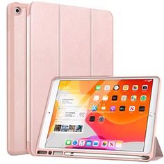 the pink ipad case is open and has an image of it's back side