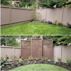 two pictures side by side of a fence with flowers and grass in the middle, one is