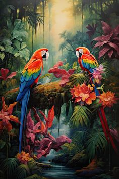 two colorful parrots perched on a branch in the jungle with flowers and trees around them