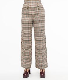 A classic pair of 1940s style sailor style slacks, the Ginger pants from Unique Vintage are a beige plaid complete in a striking 1940s vintage design. A thick waistband rests easily at the natural waist, secured by a side zipper and hook, while cute pockets on the sides and back add a charming retro accent. The wide pant leg creates a powerful retro silhouette to slim and flatter, while deep side pockets allow you to stowaway your keepsakes. Ginger's got pier perfection in check!Available in siz Style Slacks, Tweed Pants, Sailor Style, 1940s Style, Beige Plaid, Sailor Fashion, Pants Women Fashion, 1940s Fashion, Plaid Pants