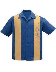 This Mid-Century inspired shirt is Marvel-ous! With contrast panels and a retro geometric embroidery, your style is bound to inspire in this embroidered bowling shirt. COLOR:Blue body with mustard panel and matching blue embroidery. MATERIAL: 100% PolyesterMachine WashableMade in the USA Please allow 3 to 5 business days for Monogram and/or Specialty Buttons.For shirts that already have novelty buttons, Steady will keep the original buttons when replacing them with the button pack of choice. Midcentury Modern Shirts, Novelty Buttons, Geometric Embroidery, Bowling Shirt, Retro Geometric, Blue Embroidery, Bowling Shirts, Mens Button Up, Shoes With Jeans