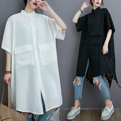 LOOSE SPLIT-JOINT HOLLOW SOLID LONG BLOUSE - rrdeye White Cotton Harajuku Style Dress, Oversized Asymmetrical Cotton Blouse, Oversized Asymmetrical Cotton Shirt, White Harajuku Cotton Shirt, Oversized Long-sleeved Summer Tunic, White Shirts Women, Black And White Shirt, Oversized Blouse, Long Dress Casual