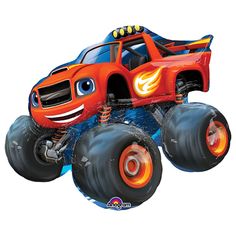 an orange monster truck with flames on it's tires is flying through the air