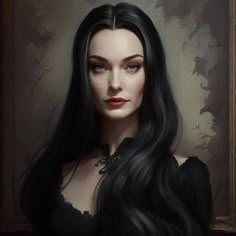 a painting of a woman with long black hair