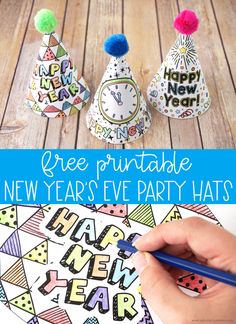 three new year's eve party hats with the text free printable