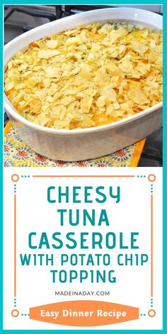 cheesy tuna casserole with potato chips in a baking dish on a colorful placemat