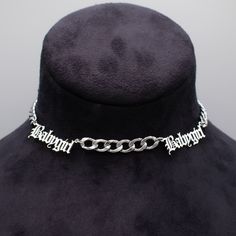 BabyGirl Gothic Font Choker Necklace Double Pendant 7mm Solid Stainless Steel Cuban Chain Stainless Steel Pendants 4 Inch Stainless Steel Adjuster Chain Hand Made in the UK Sizing: Small 11 - 15 Inches (28 - 38cm) Medium 13 - 17 Inches (33 - 43cm) Large 15 - 19 Inches (38 - 48.5cm) Personalized Silver Gothic Jewelry, Personalized Silver Necklace For Streetwear, Personalized Gothic Silver Necklace, English Gothic, Gothic Choker Necklace, Choker Necklace Silver, Neutral Jewelry, Stainless Steel Collar, Gothic Choker