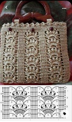 a crocheted purse with wooden handle on top of a bed next to an image of