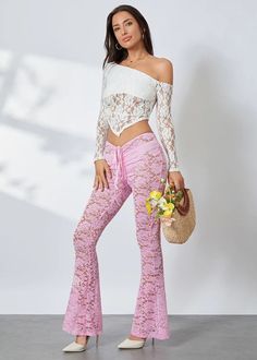 These Floral Lace Flared Pants feature a sheer, see-through design in a delicate pink hue. Providing both style and comfort, these pants allow for breathability and a touch of femininity to any outfit. Perfect for any occasion, these pants are a must-have for any fashion-forward individual. Fabric: Slight Stretch Material: Polyester Fiber *Underwear not included Sheer Trousers For Spring, Sheer Trousers Bottoms For Spring, Feminine Sheer Stretch Bottoms, Sheer Summer Pants, Feminine Fitted Sheer Bottoms, Fitted Sheer Feminine Bottoms, Sheer High Waist Pants For Spring, Spring High Waist Sheer Pants, High Waist Sheer Pants For Spring