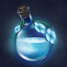 a blue glass bottle with flowers in it on a dark background and water droplets around the bottom