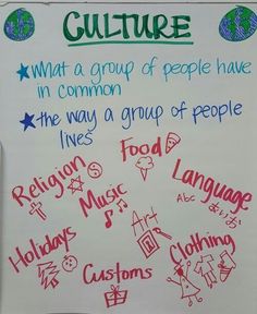 a white board with writing on it that says culture what a group of people have in common the way a group of people lives