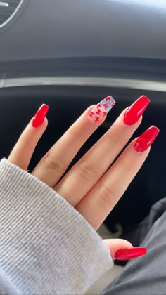 Red Short Nail Ideas Acrylic, Red Nail Ideas Coffin Short, Cute Red Acrylic Nail Ideas, Red Prom Nails Coffin, Cute Red Nails For Prom, Cute Red Nail Ideas Short, Cute Red Nails Acrylic Coffin Short, Red Acrylic Nails Designs Short, Red Acrilycs Nails