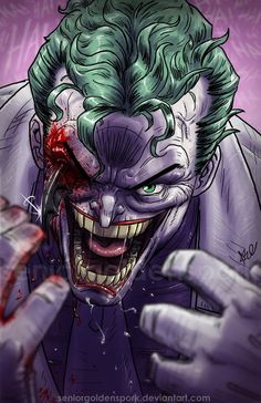 a drawing of the joker with green hair and red eyes, holding his hand out