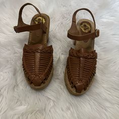 Brand New. Ecote’ Brown Leather Platform Sandals. Size 9. Vintage Style. Leather Upper, Authentic Wooden Heel. Brown Heels With Woven Sole For Vacation, Summer Vacation Huarache Sandals With Open Heel, Brown T-strap Sandals With Woven Sole For Beach, Summer Closed Toe Huarache Sandals With Buckle, Summer Buckle Closure Huarache Sandals With Round Toe, Summer Huarache Sandals With Buckle Closure And Round Toe, Spring Open Toe Huarache Sandals With Buckle, Brown Open Heel Huarache Sandals For Summer, Brown T-strap Sandals With Woven Sole For Vacation