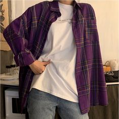 Loose Casual Purple Plaid Long Sleeve Shirt – Tomscloth Oversized Purple Shirt Outfit, Purple Plaid Shirt Outfit, Purple Plaid Outfit, Purple Flannel Outfit, Harajuku Style Purple Short Sleeve Top, Korean Fashion Blouse, Purple Plaid Shirt, Purple Flannel, Fav Outfit