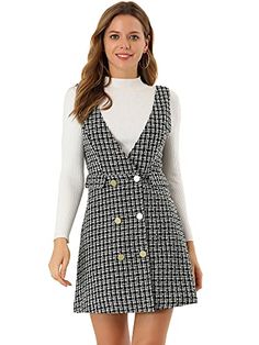 Allegra K Women's Elegant Vintage Button Front V Neck Plaid Tweed Overalls Pinafore Dress Allegra K Pinafore Skirts, Plain Sweaters, Suspender Skirt, Suspender Dress, Tweed Dress, Pinafore Dress, Vestido Casual, Overall Dress, Vintage Button