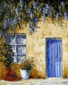 an oil painting of a blue door and window with potted plants on the outside