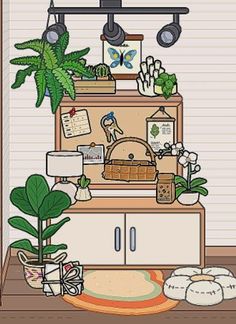 an illustration of a dresser with plants and other things on it, including a potted plant