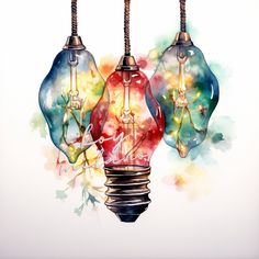 three colorful light bulbs hanging from wires with watercolor paint splatters on them