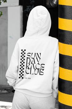 🏁 Gear up in style and comfort with our trendy two-sided hoodie showing everyone you're part of the Sunday Racing Club - because when it comes to F1, there's no such thing as too much flair! 🏎️ 🧶 Made from a delightful blend of 50% cotton and 50% polyester, this sweatshirt is the perfect blend of softness and durability. The ribbed knit collar with seam ensures a snug fit that'll keep you feeling snug and stylish, while the absence of side seams adds to its sleek look. With its loose fit and White Techwear Hoodie With Letter Print, F1 Hoodie, Merch Aesthetic, Aesthetic Sweatshirt, Car Apparel, Racing Club, Races Outfit, Sweatshirt Aesthetic, 1 Aesthetic