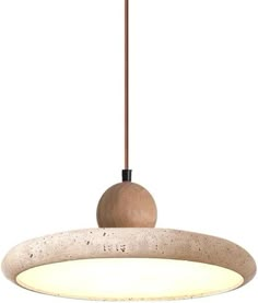 a light fixture with a wooden ball hanging from it's center point on a white background