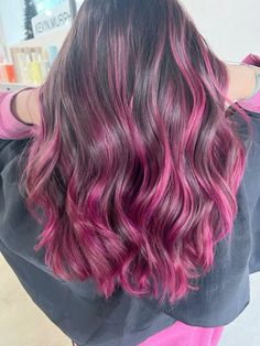 Brown Hair Colors With Pink Highlights, Pink Hair With Lowlights, Pink Highlight In Black Hair, Peekaboo Hot Pink Hair, Pink Extensions Hair Brunette, Dark Brown Hair With Pink Tips, Dark Brown To Pink Hair, Dark Pink Hair On Brown Hair, Pink Balayage Brown Hair