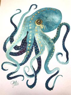 an octopus is painted in blue and gold on a white paper with watercolors