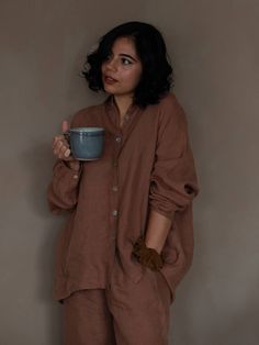 The Simple Folk, Casual Chic Outfits, Linen Shirts Women, Linen Pajamas, Fleece Dress, Morning Tea, Casual Chic Outfit, Shell Buttons, Organic Linens