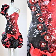 "Absolutely Fun!! Ruffle and go Red sequins, pearl beaded, Ruffles Ruffles ruffles! Excellent condition! Measuring: 36\" Waist: 26\" Hip: 36\" Pet Free/smoke Free Enjoy!" Ruffled Dress For Carnival Party, Carnival Party Dress With Ruffles, Carnival Fitted Dress With Ruffles, Fitted Sequin Dress With Ruffles For Gala, Party Season Sequin Dress With Ruffles, 80s Party Dress, Sequin Dress Party, Beaded Party Dress, Ruffle Beading