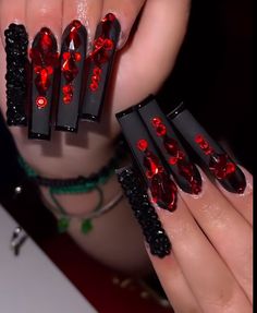 Nail Design Glitter, Red Acrylic Nails, Long Acrylic Nails Coffin, Black Nail Designs