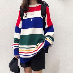 Candy Color Stripe Jumper Sweater Casual Multicolor Winter Sweater, Casual Acrylic Sweater With Color Matching, Colorful Casual Winter Sweater, Casual Color Block Acrylic Sweater, Casual Acrylic Color Block Sweater, Trendy Multicolor Acrylic Sweater, Blue Color Block Acrylic Sweater, Blue Acrylic Color Block Sweater, Casual Colorful Acrylic Sweater