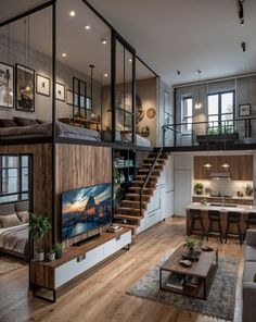 a living room filled with furniture and a flat screen tv mounted on a wall next to a fire place