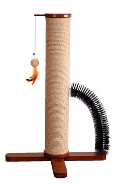 a cat scratching post with a ball hanging from it's side and a toy bird on top