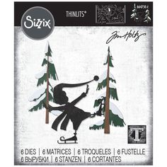 an image of a person skiing in the snow with trees behind them and text that reads sizzix