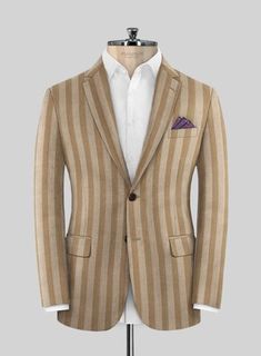 When you look good, you feel good, and that's exactly what happens when you don our Italian Ildefo Brown Wool Suit. This modern take on vintage style is crafted from pure merino wool, ensuring the perfect outfit for any special occasion. Additionally, the wide brown stripes add a touch of sophistication, drawing attention to what you're saying rather than what you're wearing.  Look features a 2 button jacket with notch lapels, faux horn brown buttons, single vent, two cuff buttons and two welted Beige Wool Suits For Professional Tailoring, Beige Wool Suits For Tailoring, Tailored Beige Wool Suit, Beige Wool Suit For Semi-formal Occasions, Beige Wool Suits For Semi-formal Occasions, Semi-formal Beige Wool Suit, Beige Wool Sport Coat For Semi-formal Occasions, Winter Beige Suit For Tailoring, Beige Wool Long Sleeve Suit