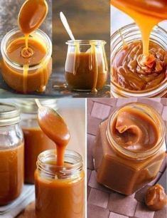 there are pictures of peanut butter and caramel sauce in mason jars with spoons