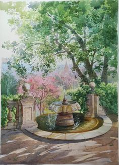 a painting of a water fountain surrounded by trees