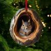 a cat sitting in a tree ornament hanging on a christmas tree branch with the image of a squirrel peeking out from it's hole