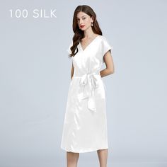 Women's Short Sleeve V-Neck Ribbon Belt Silk Dress - PandaSilk Sleeveless Silk V-neck Dress For Summer, Silk V-neck Summer Dress, Elegant Silk V-neck Midi Dress, Summer V-neck Modal Satin Midi Dress, Feminine V-neck Satin Dress For Summer, Sleeveless Satin V-neck Dress For Summer, Silk V-neck Midi Dress For Summer, Silk V-neck Dress With Satin Finish, Spring Sleeveless Silk V-neck Dress